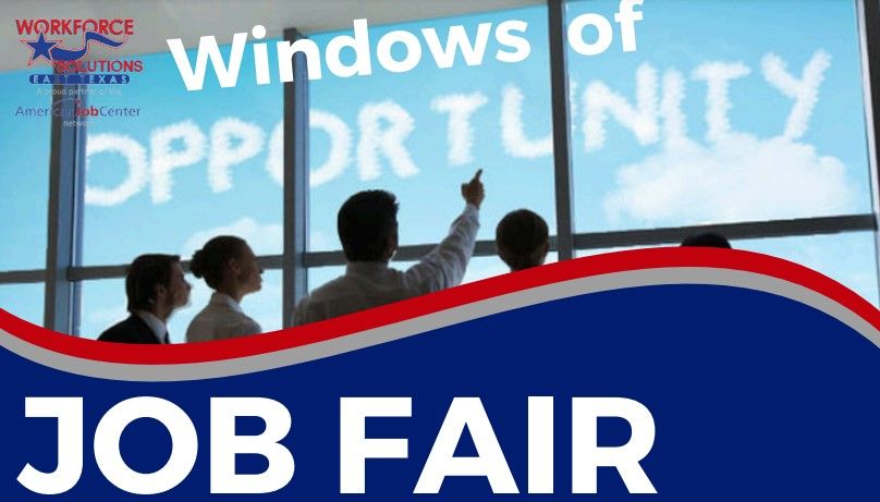 Job fair graphic with a group of people looking out a window that reads, 