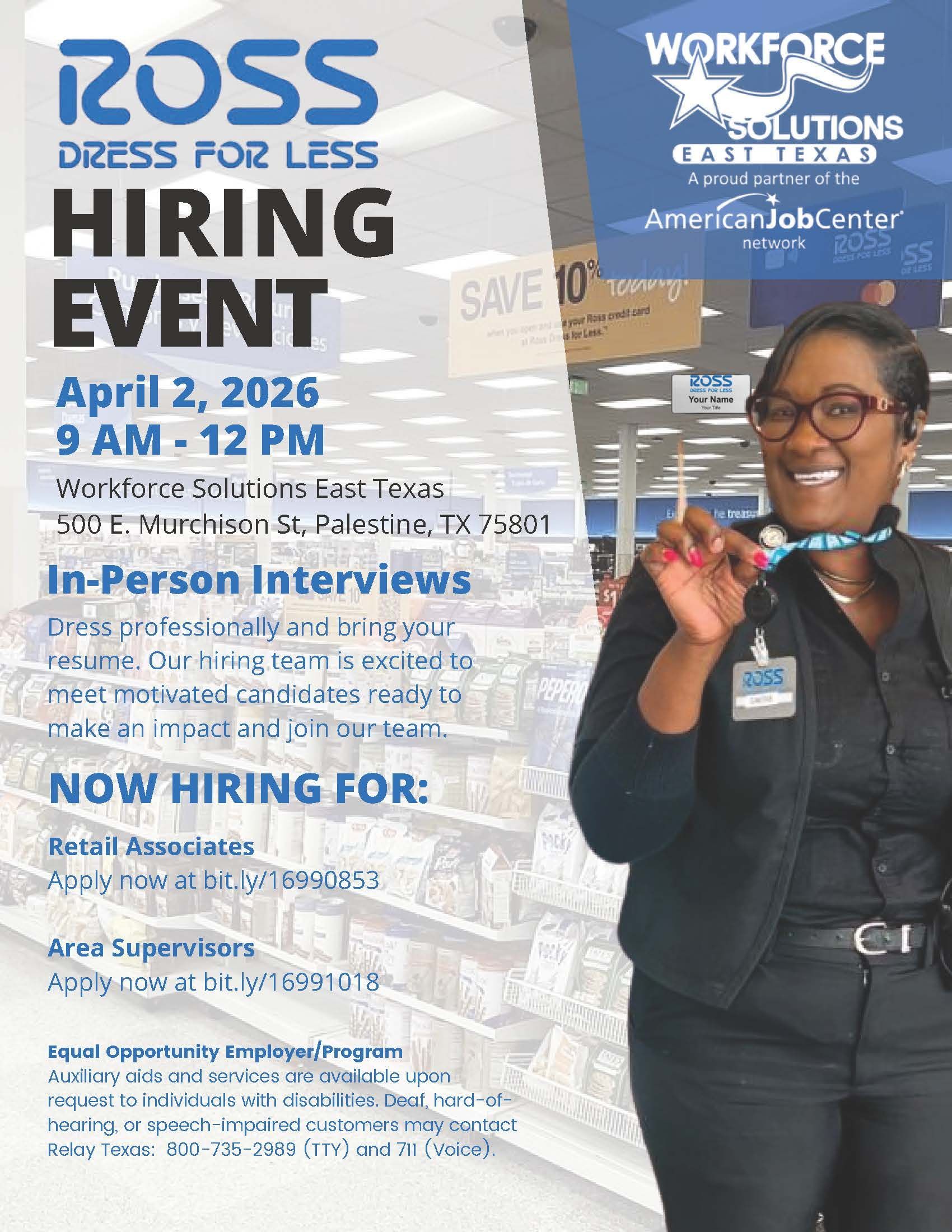 Flyer for a Ross hiring event on April 2, 2026, 9 AM–12 PM, featuring a smiling employee holding keys in a store setting.