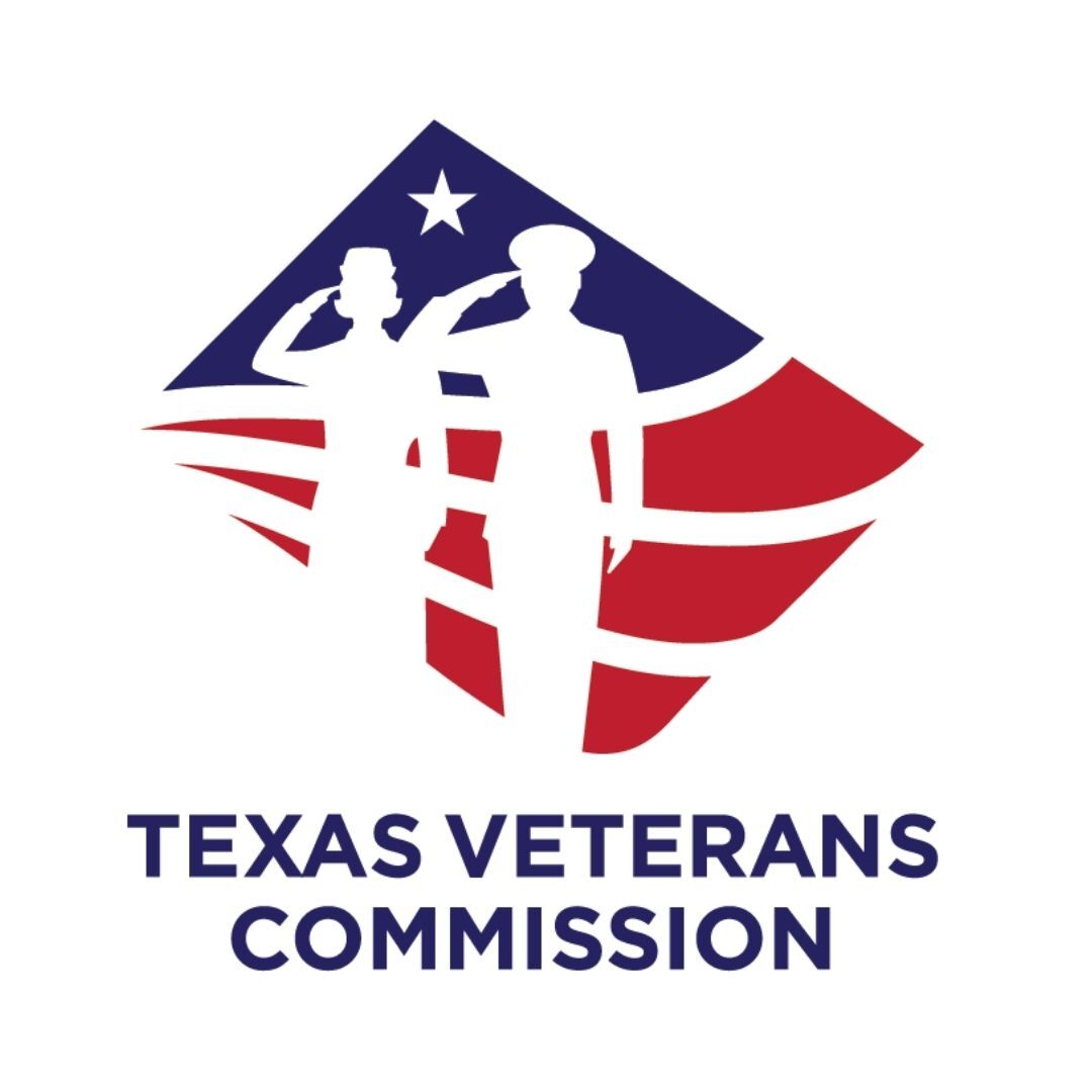 The logo for the texas veterans commission shows two soldiers saluting in front of an american flag.