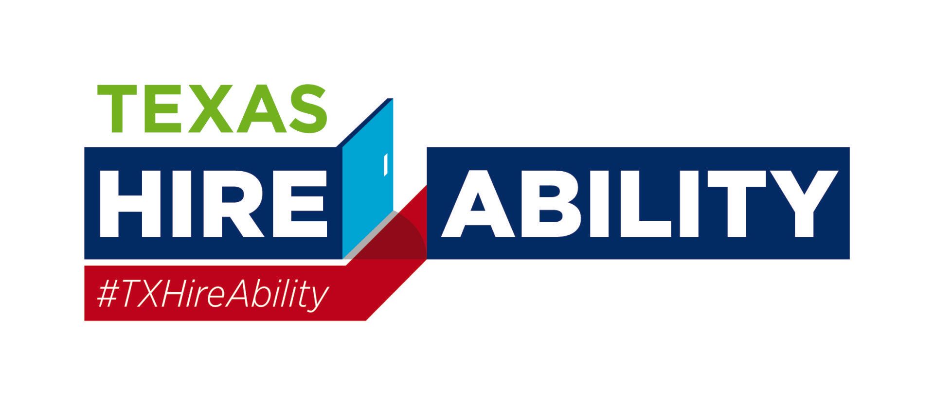 The logo for texas hire ability shows a door and the words `` hire ability ''.