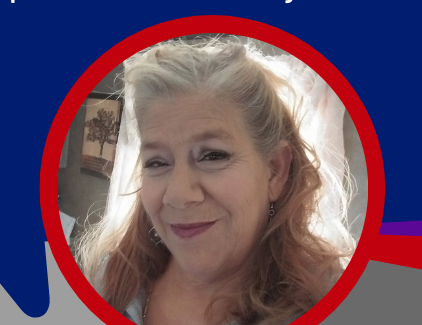 A woman is smiling in a red circle on a blue background
