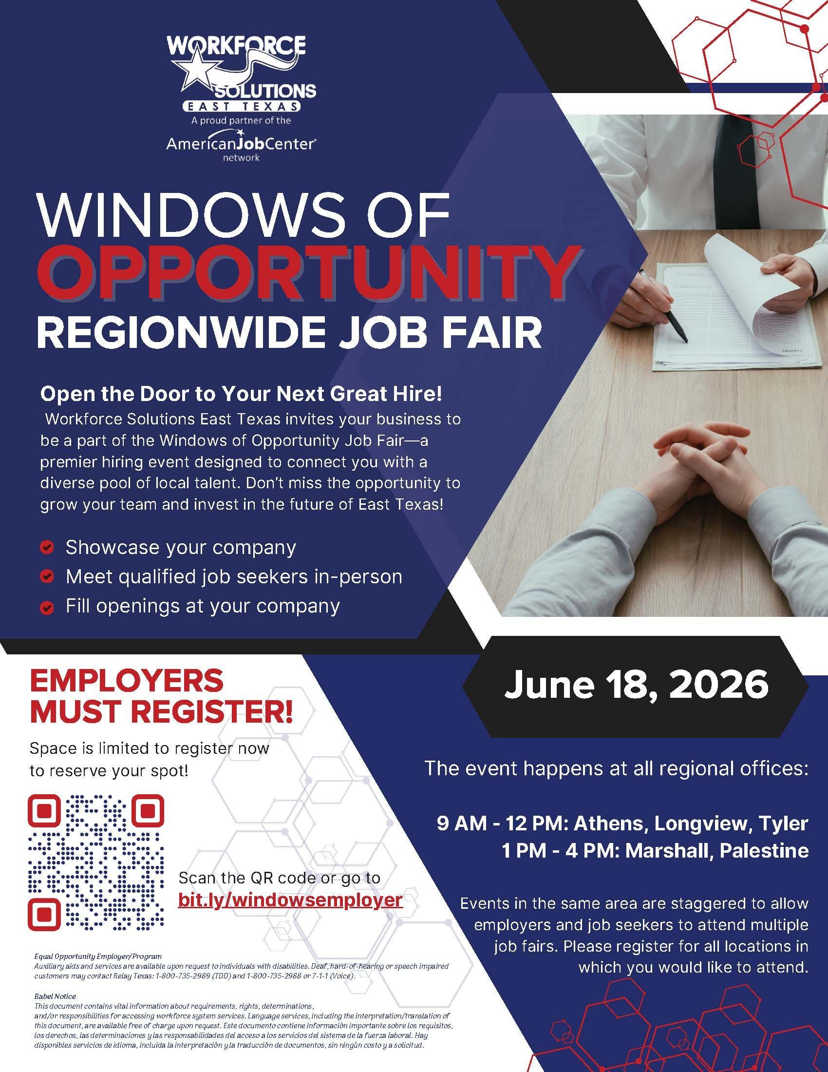 Now recruiting employers for Next Step Job Fair; blue flyer with handshake and event details, May 28, 2026, 10 AM–2 PM.