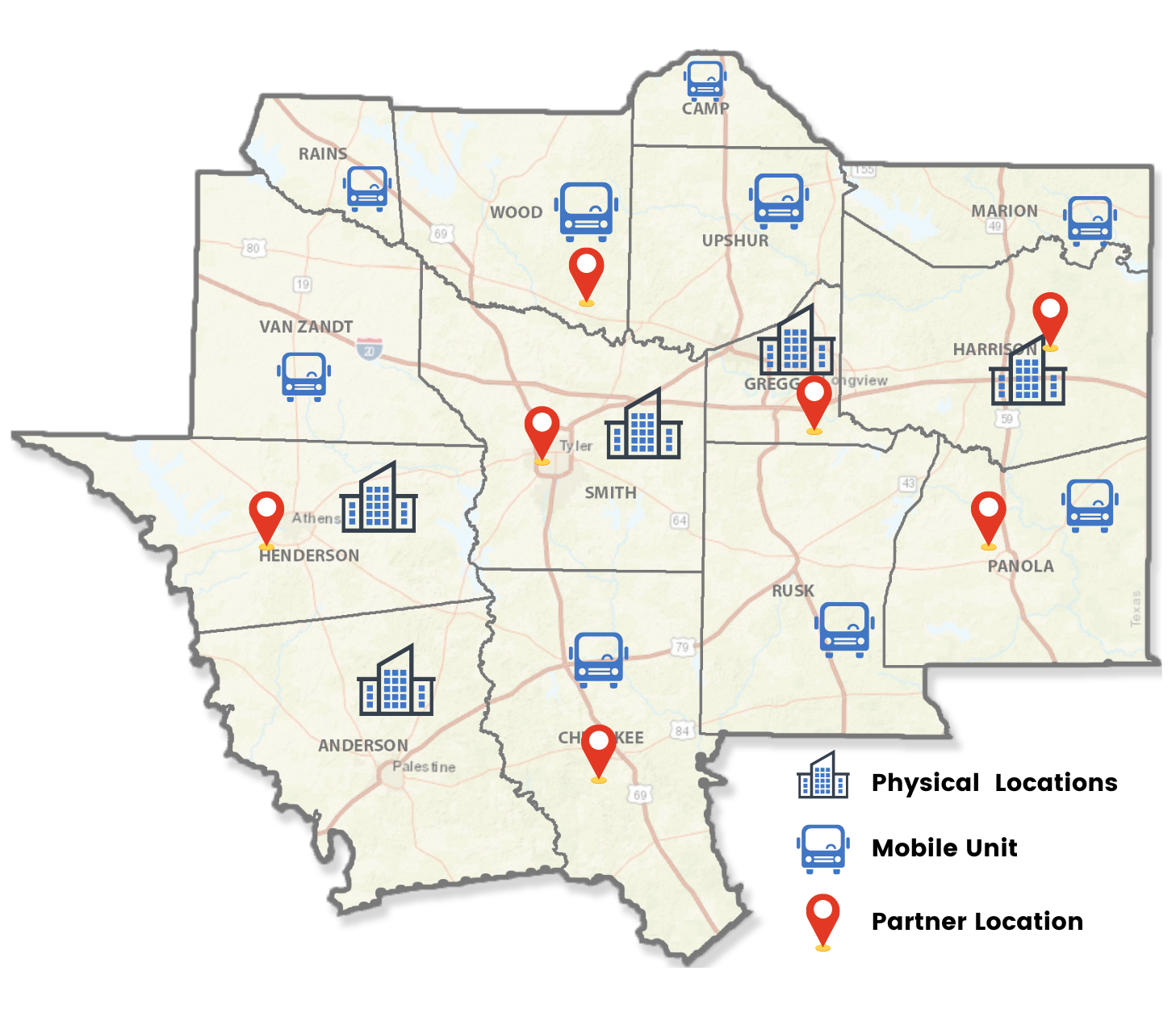 A map of texas showing physical locations and mobile units