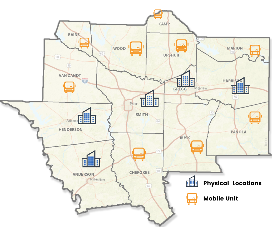 A map of texas showing physical locations and mobile units