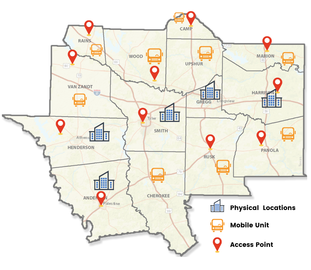 A map of texas showing physical locations and mobile units