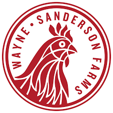 The logo for wayne sanderson farms shows a rooster in a red circle.