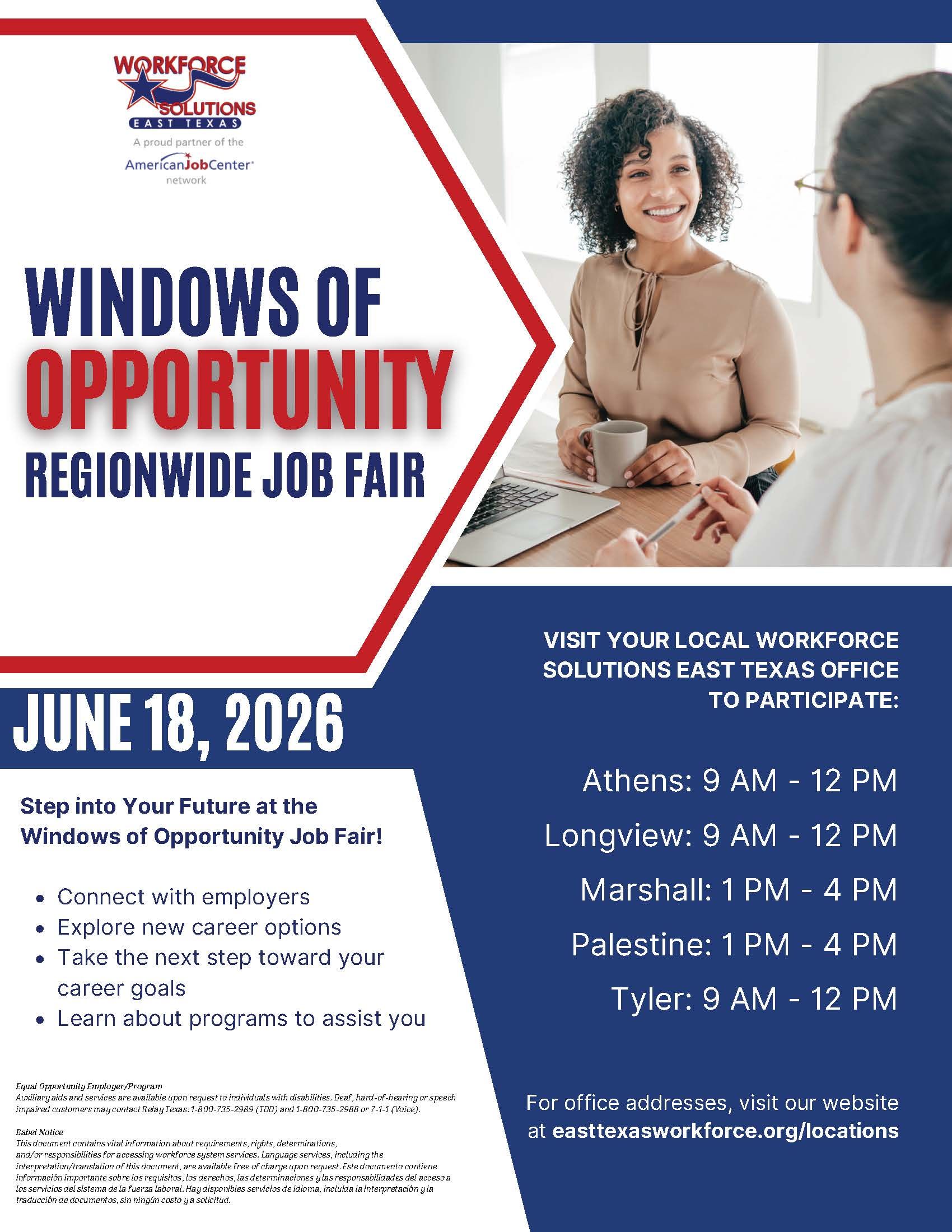 Poster for Windows of Opportunity Health and Job Fair, June 18, 2026, with event details and two women talking