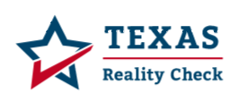 A logo for texas realty check with a red and blue star