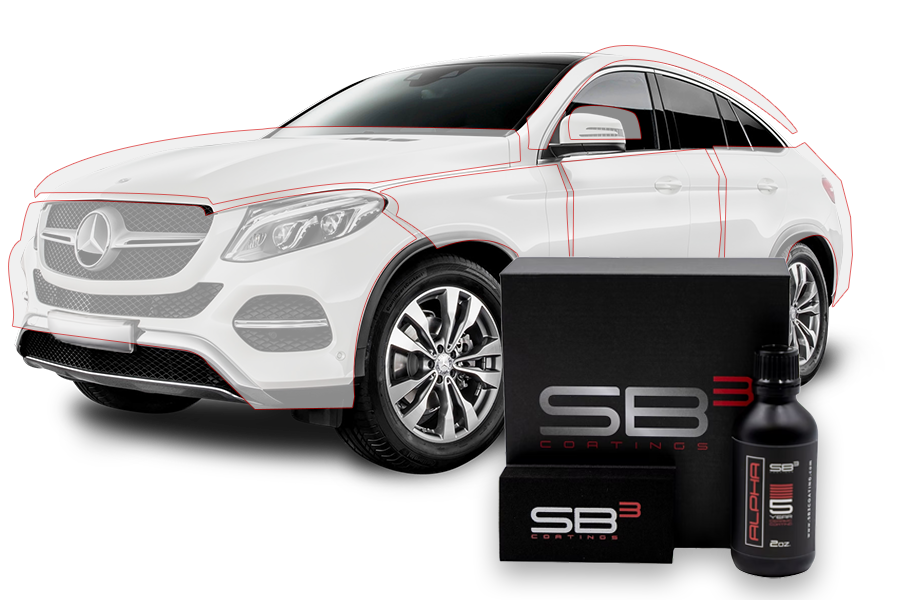 A white car is sitting next to a bottle of sb3 ceramic coating.