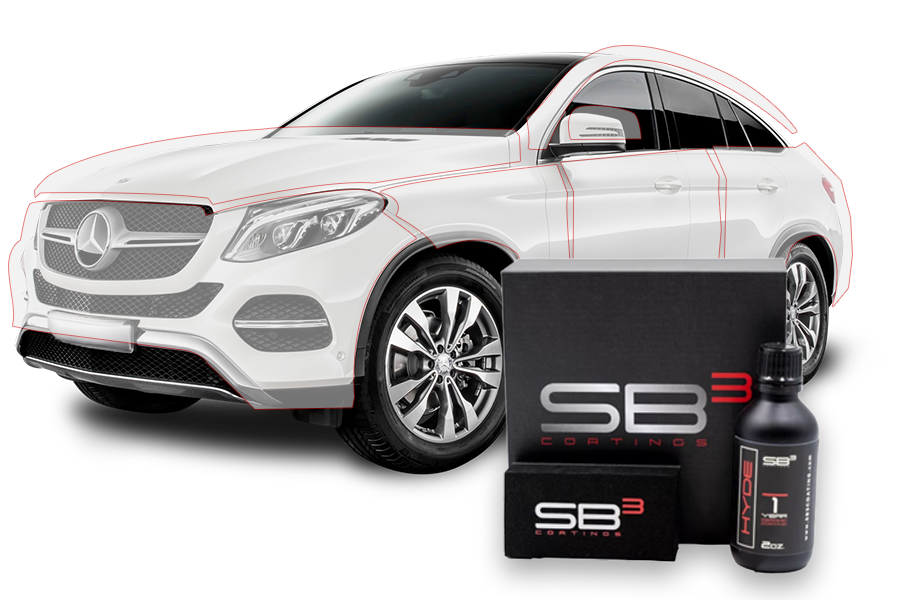 A white car is sitting next to a bottle of sb3 ceramic coating.