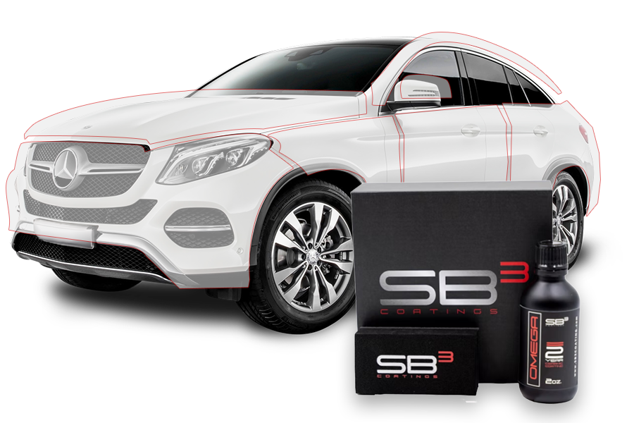 A white car is sitting next to a bottle of sb3 coating.