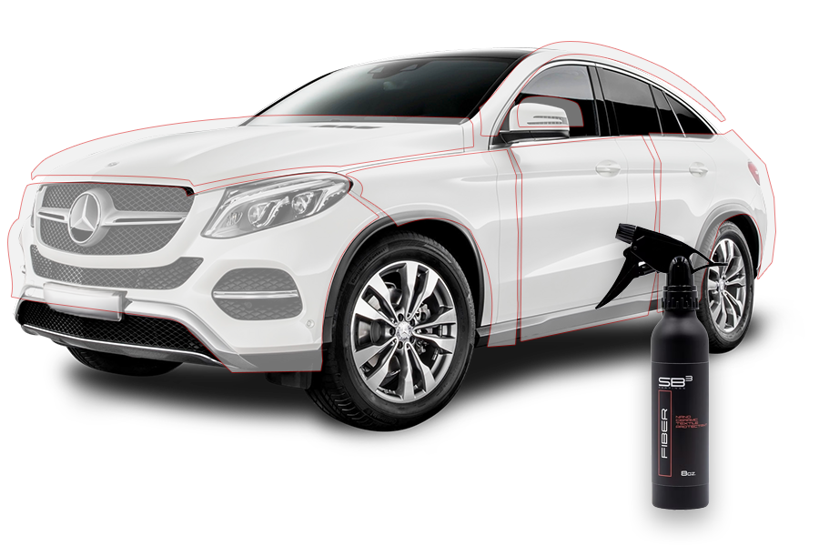 A white mercedes gle with a spray bottle next to it.