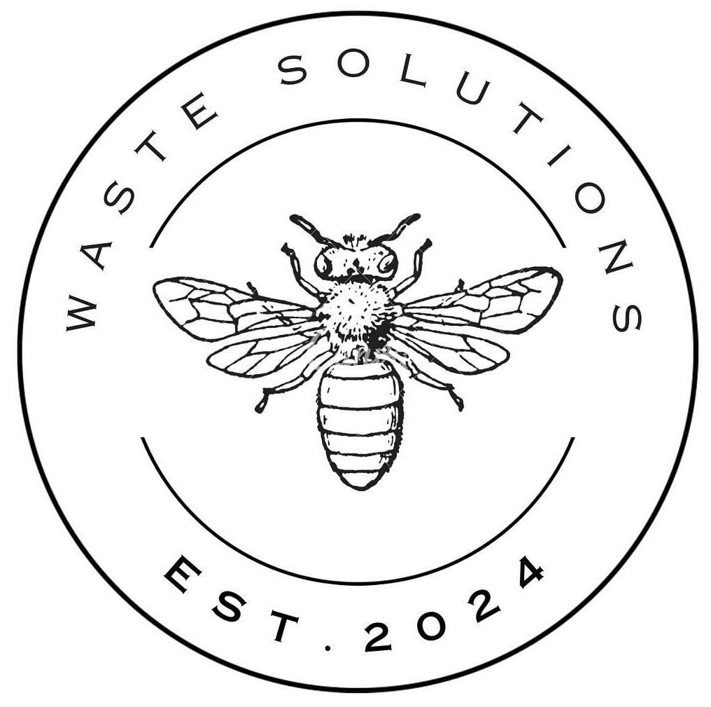 Logo for Waste Solutions: bee illustration within a circle, text reads 