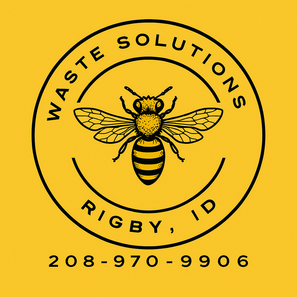 Logo for Waste Solutions in Rigby, ID, featuring a bee inside a circle, phone number below.