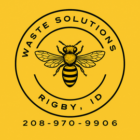 Logo for Waste Solutions in Rigby, ID, featuring a bee inside a circle, phone number below.