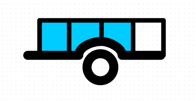 A blue and white trailer with a wheel on a white background.