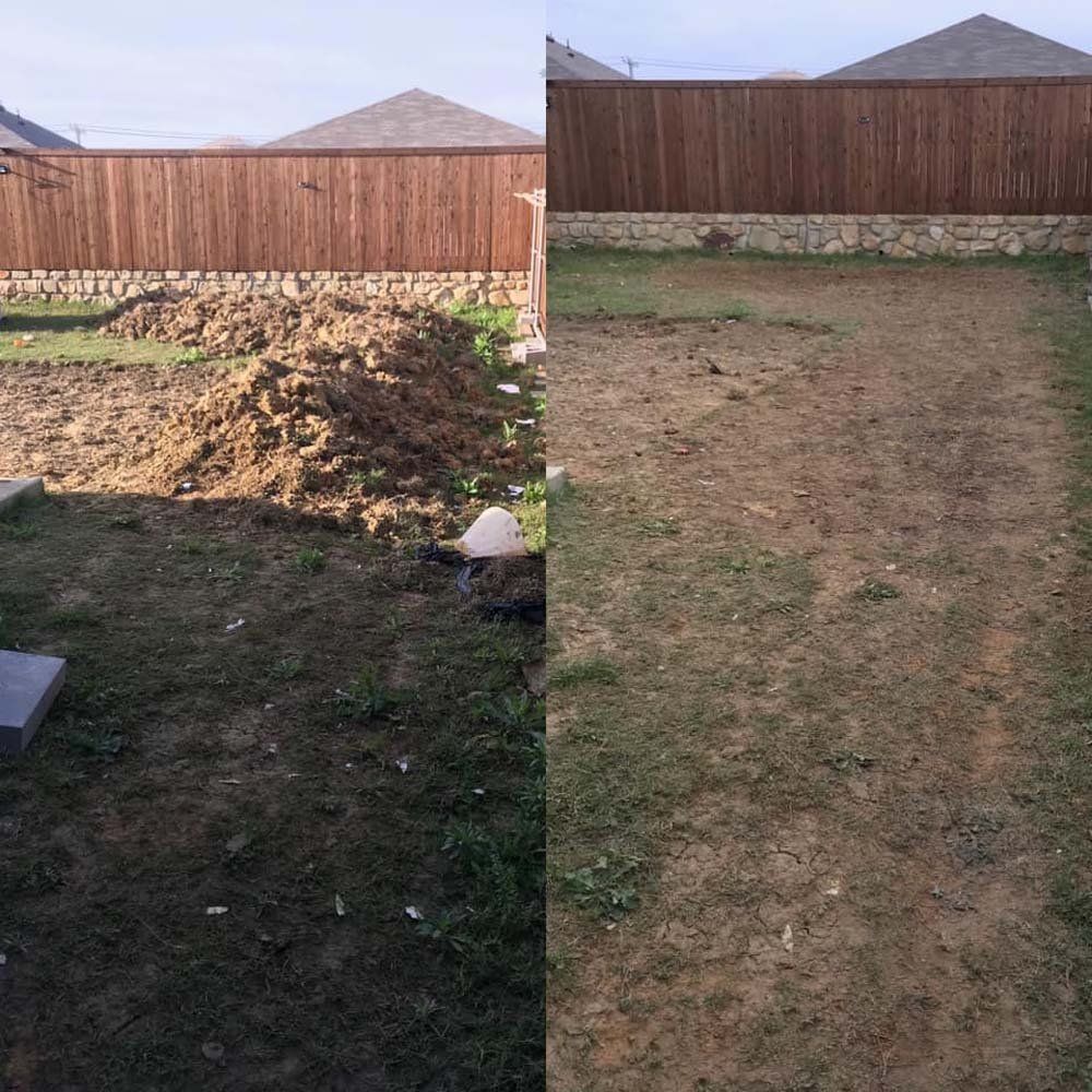A before and after picture of a backyard with a wooden fence.