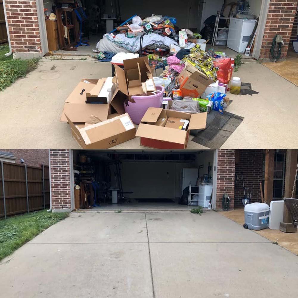 A before and after picture of a garage filled with boxes and trash.