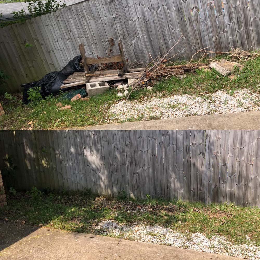 A before and after picture of a wooden fence in a yard.