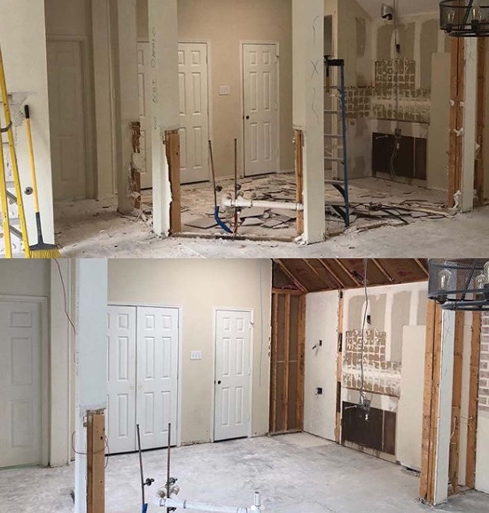 A before and after photo of a room under construction