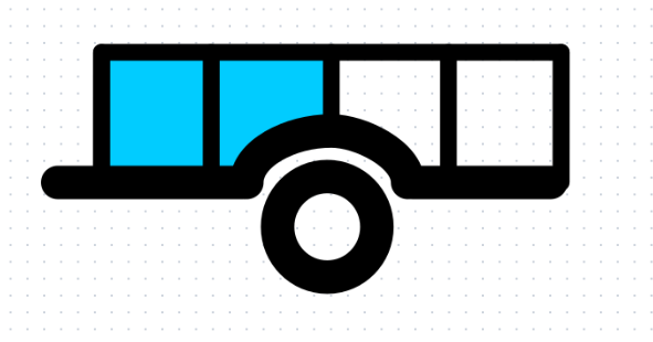 A blue and white trailer with a wheel on a white background.