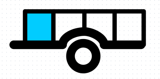 A black and white icon of a trailer with a blue square in the middle.
