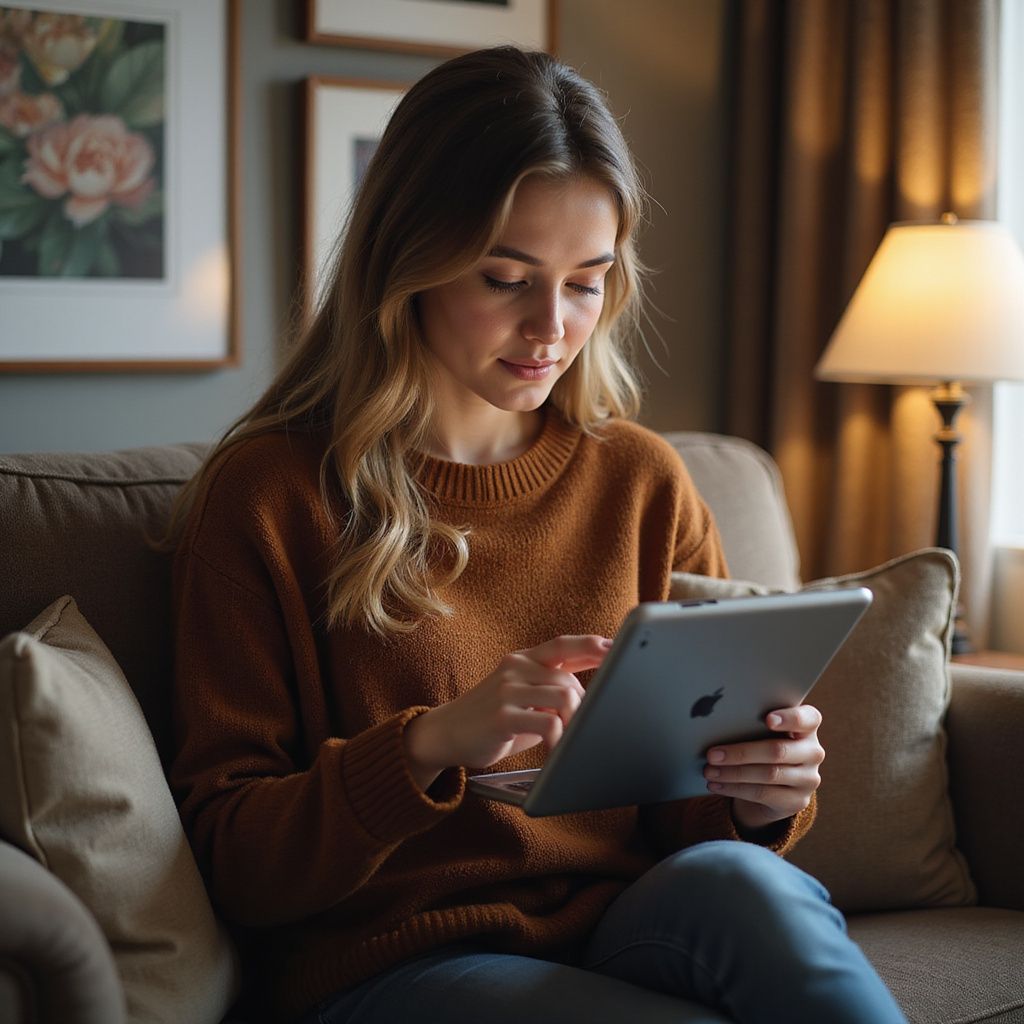 Woman sitting on a couch, using a tablet. Wearing a brown sweater, indoors.