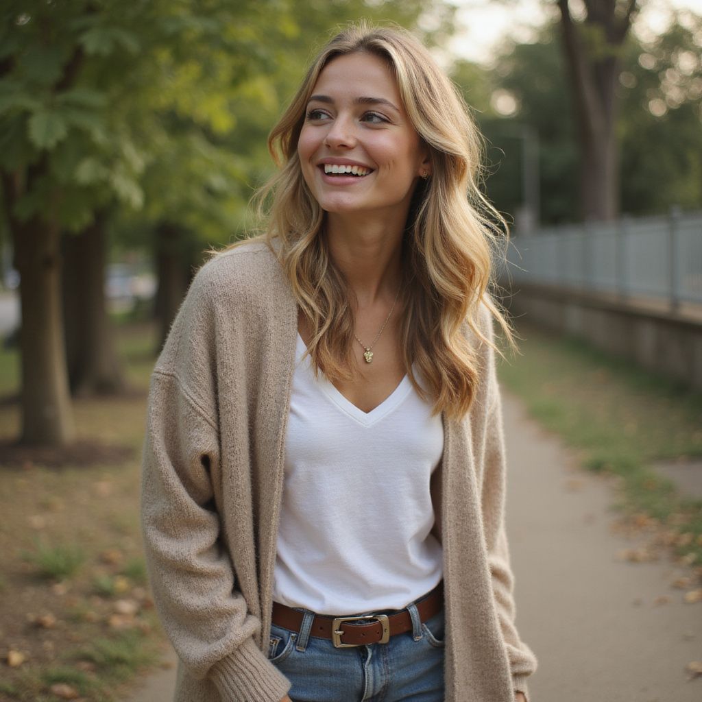 Woman smiles, walking on a sidewalk, wearing a cardigan, white shirt, and jeans in a park.