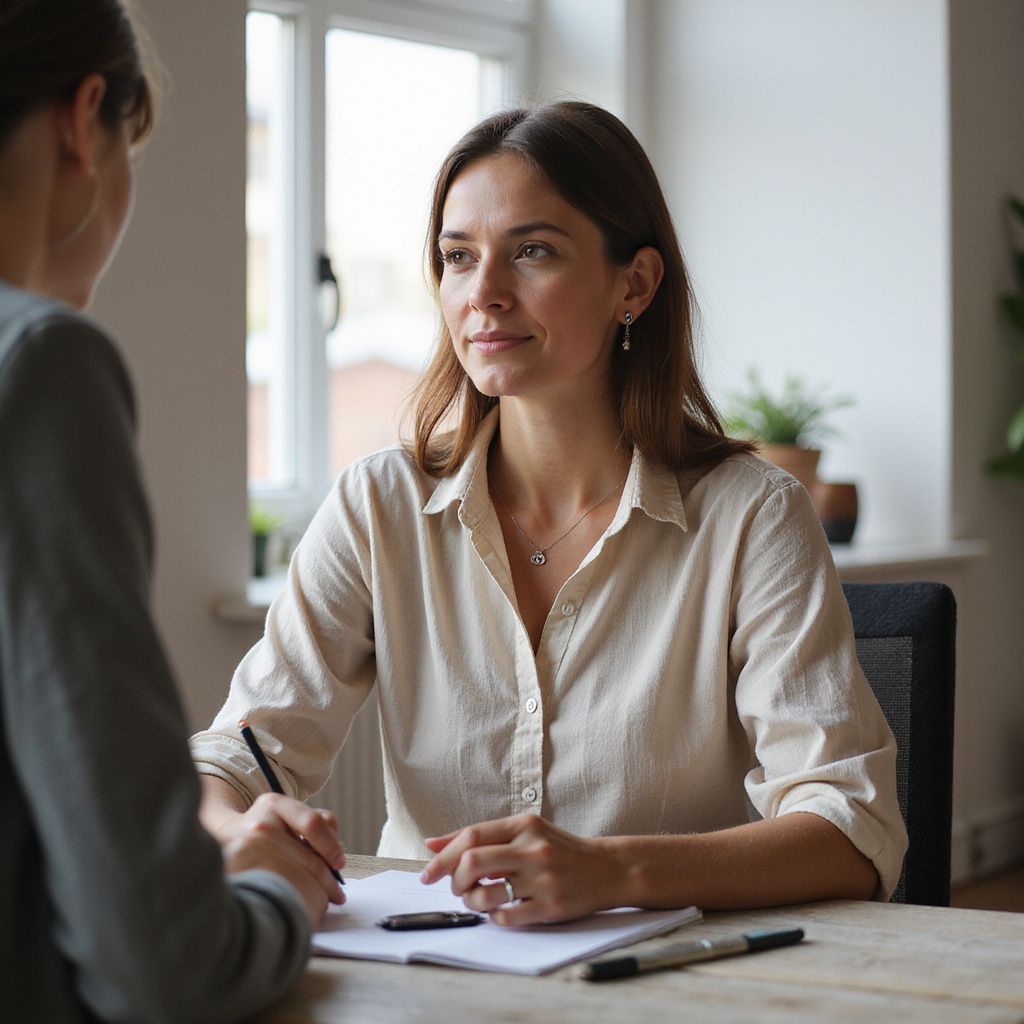 Woman in tan shirt sits at a table, looking at another person, who is taking notes.