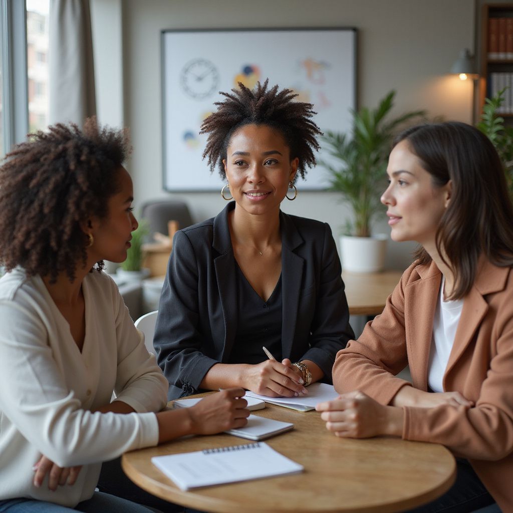 Three women in business attire at a table, discussing notes. Bright setting with a chart on the wall.