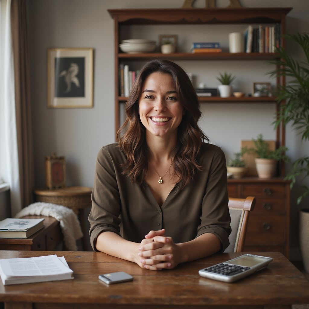 Woman seated at a wooden desk smiling. Bookshelf and plants in the background. Documents and a calculator on the desk.