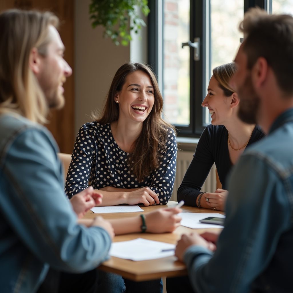 Four people laugh together at a table, papers visible. Brightly lit room with window and plants.