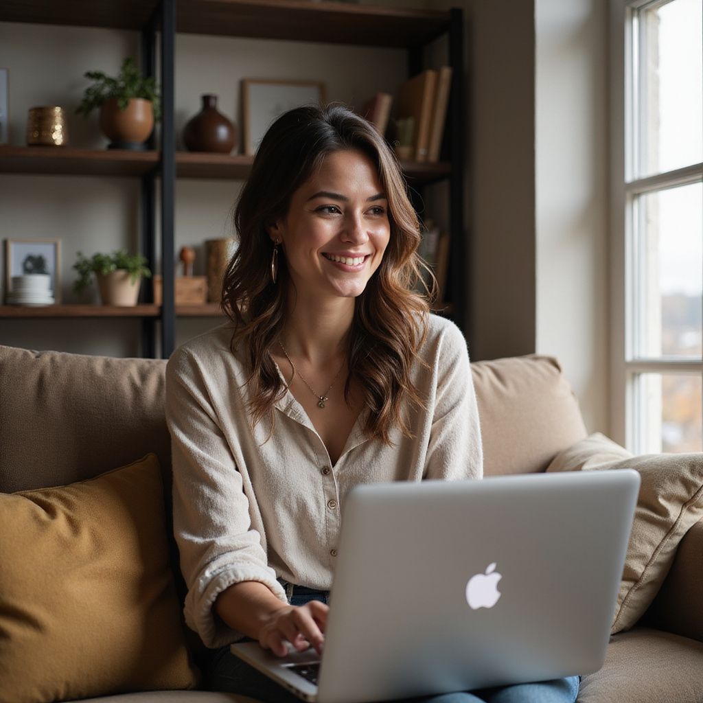 Woman smiling while using a laptop, sitting on a couch near a window.