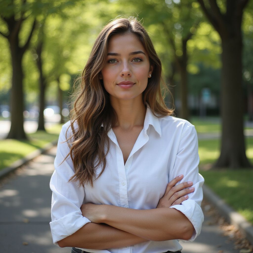 Woman with crossed arms, wearing a white shirt, stands outdoors with a park background.