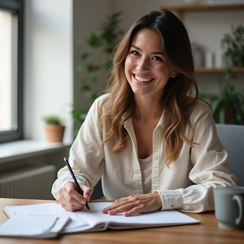 Woman smiling, writing at a desk, surrounded by papers and plants; indoor setting.
