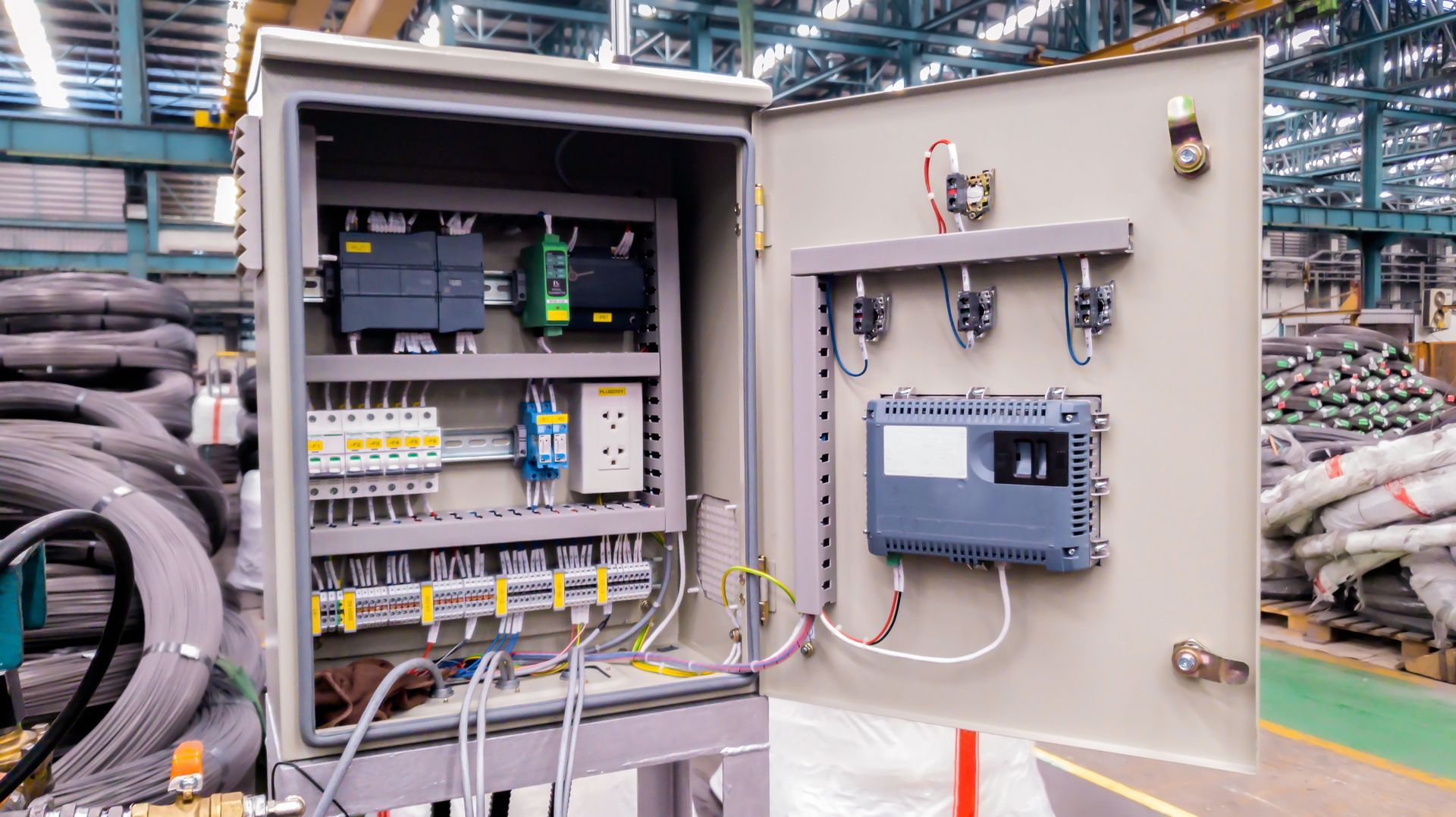 Open electrical control cabinet in a factory, with wiring, switches, and a mounted display panel. Open electrical control cabinet in a factory, with wiring, switches, and a mounted display panel.