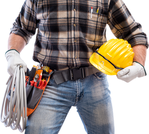 Worker holding coiled cable, tools, and a yellow hard hat, wearing a plaid shirt and jeans. Worker holding coiled cable, tools, and a yellow hard hat, wearing a plaid shirt and jeans.