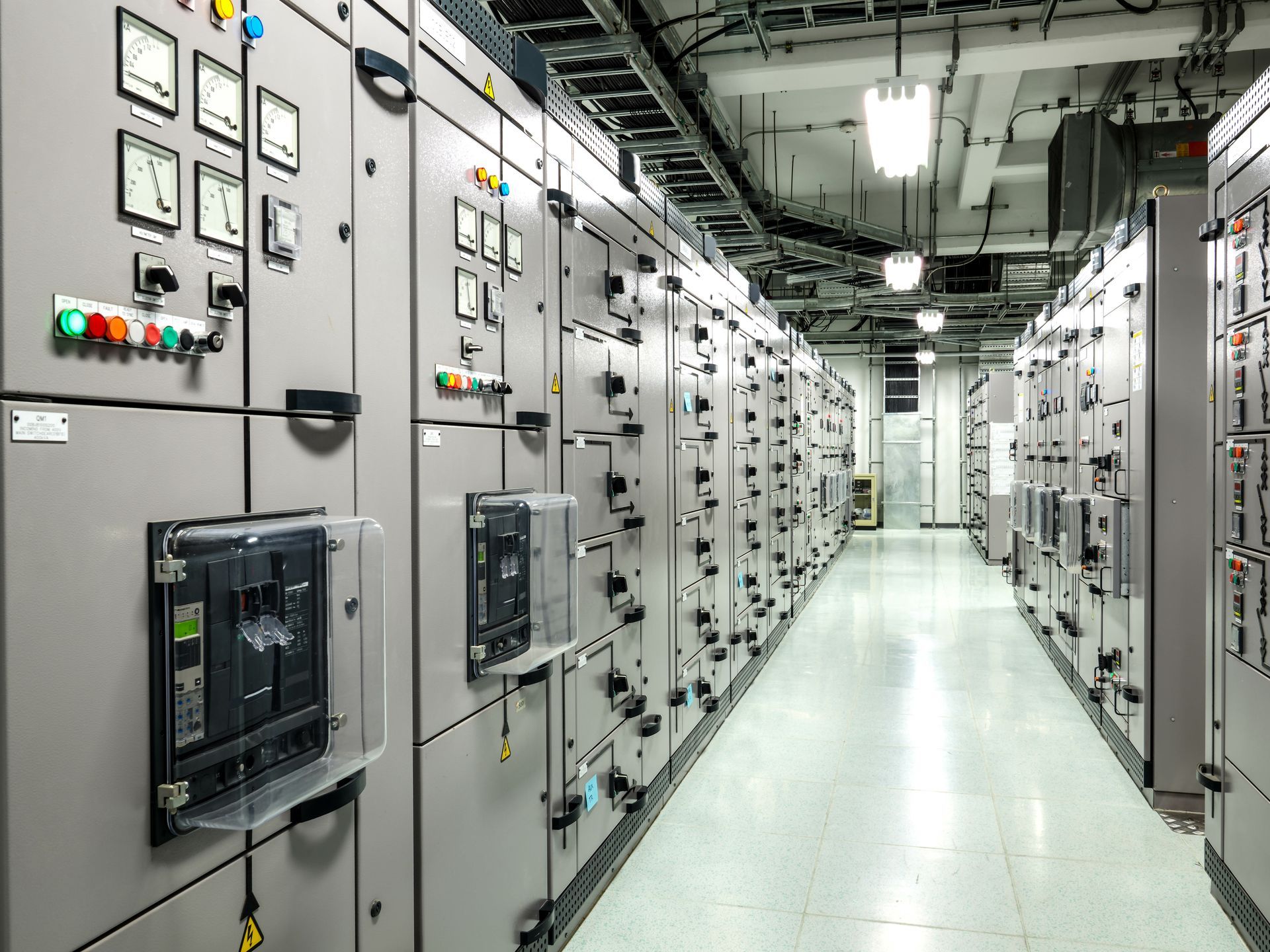 Row of gray electrical control cabinets in a clean industrial corridor with indicator lights and panels. Row of gray electrical control cabinets in a clean industrial corridor with indicator lights and panels.
