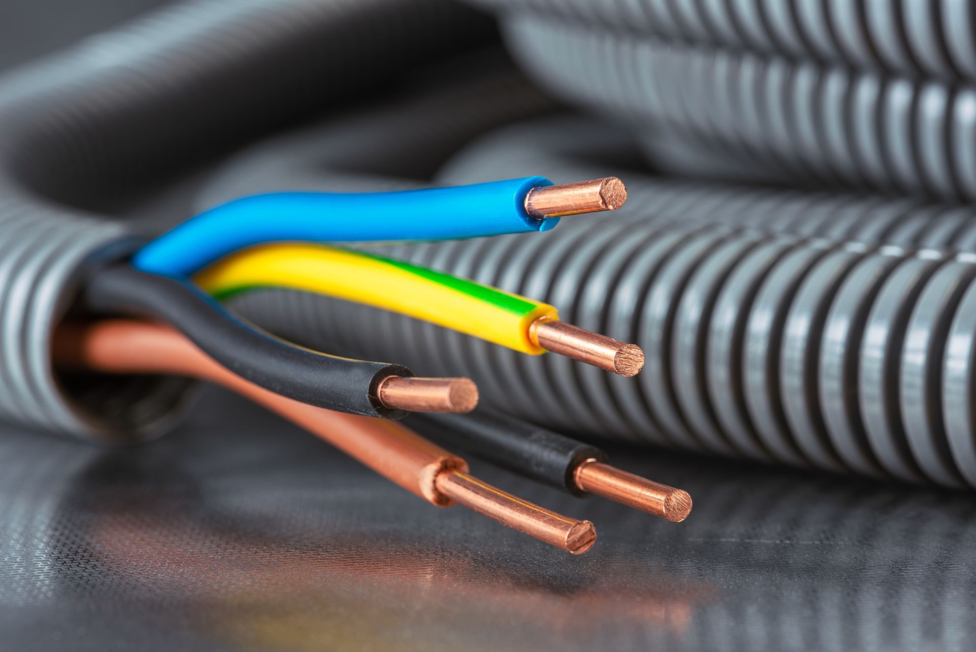 Close-up of four exposed electrical wires with blue, yellow-green, black, and brown insulation on a coiled gray cable sheath.