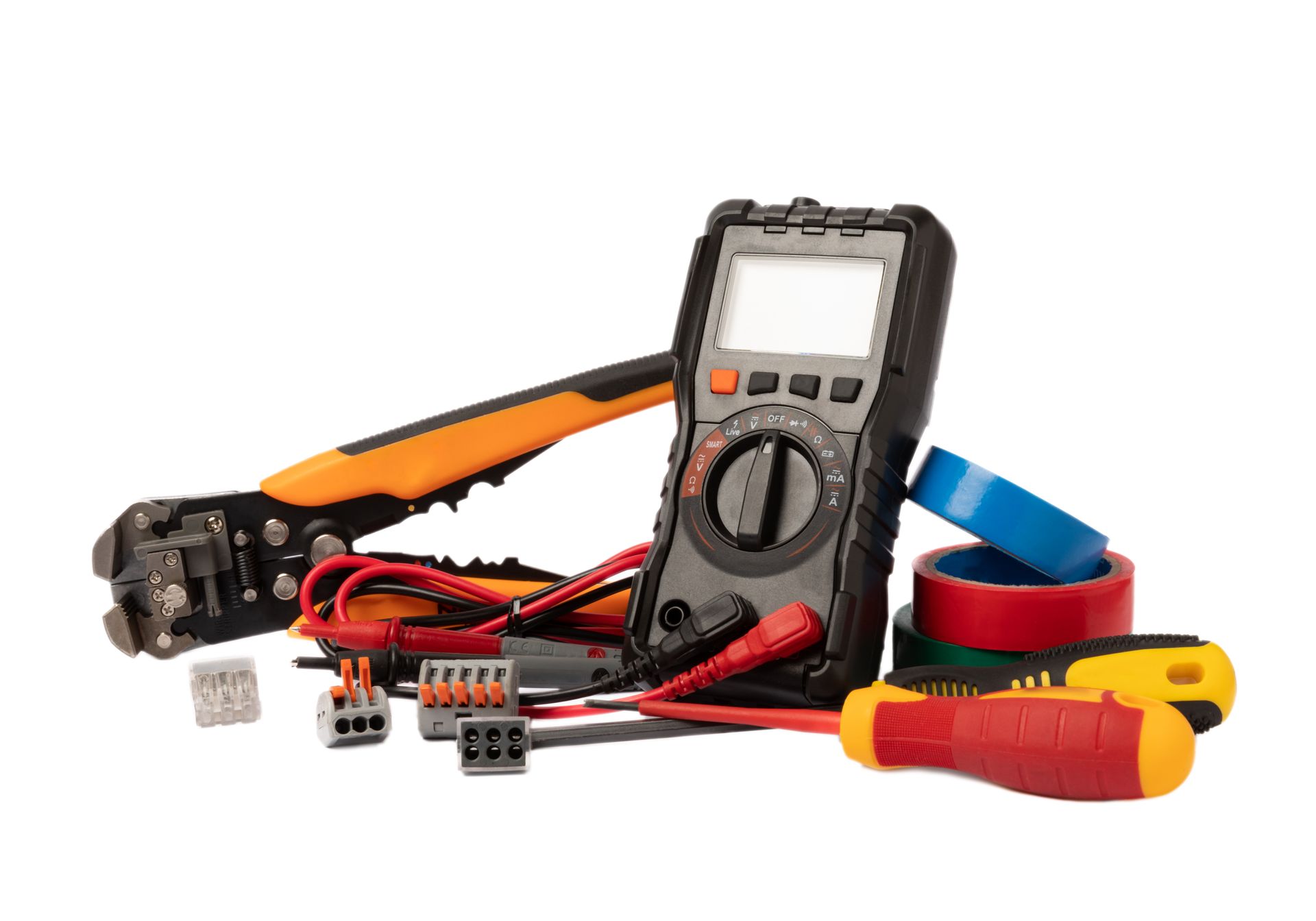 Digital multimeter with test leads and wire strippers, arranged on a white background. Digital multimeter with test leads and wire strippers, arranged on a white background.