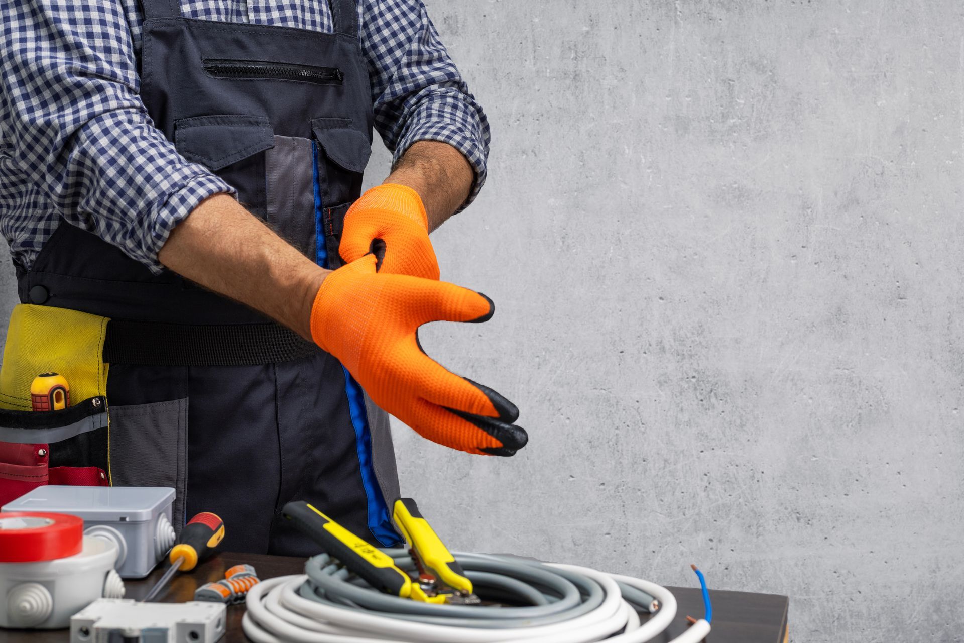 Worker putting on bright orange gloves at a workbench with tools and coiled cable. Worker putting on bright orange gloves at a workbench with tools and coiled cable.