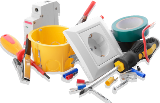 Assorted electrical tools and outlets scattered around a yellow bucket on a white background. Assorted electrical tools and outlets scattered around a yellow bucket on a white background.