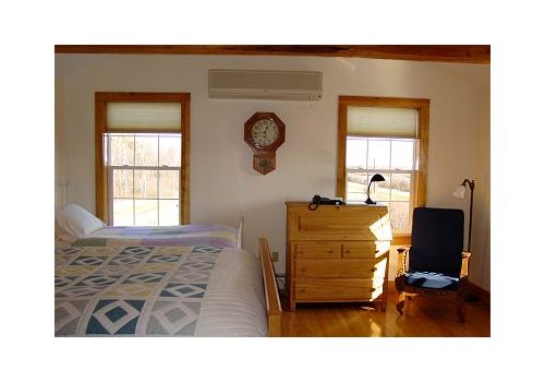 Bedroom with bed, dresser, chair, two windows, and wall clock on wooden floor.