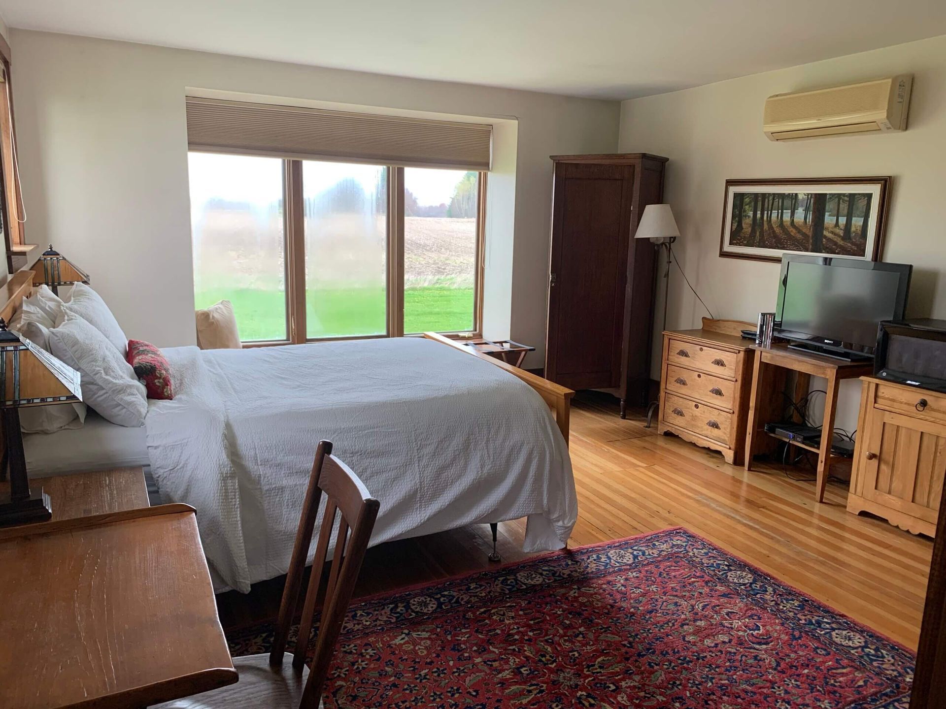 Bedroom with bed, furniture, window with outdoor view, hardwood floor, and a red rug.