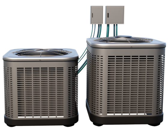 Two silver air conditioning units, one smaller, one larger, with electrical boxes on top.