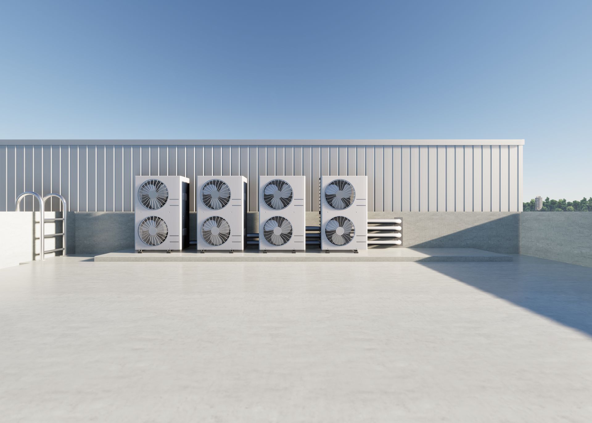 Four white industrial HVAC units stand in a row on a flat, pale grey rooftop against a clear blue sky. Four white industrial HVAC units stand in a row on a flat, pale grey rooftop against a clear blue sky.