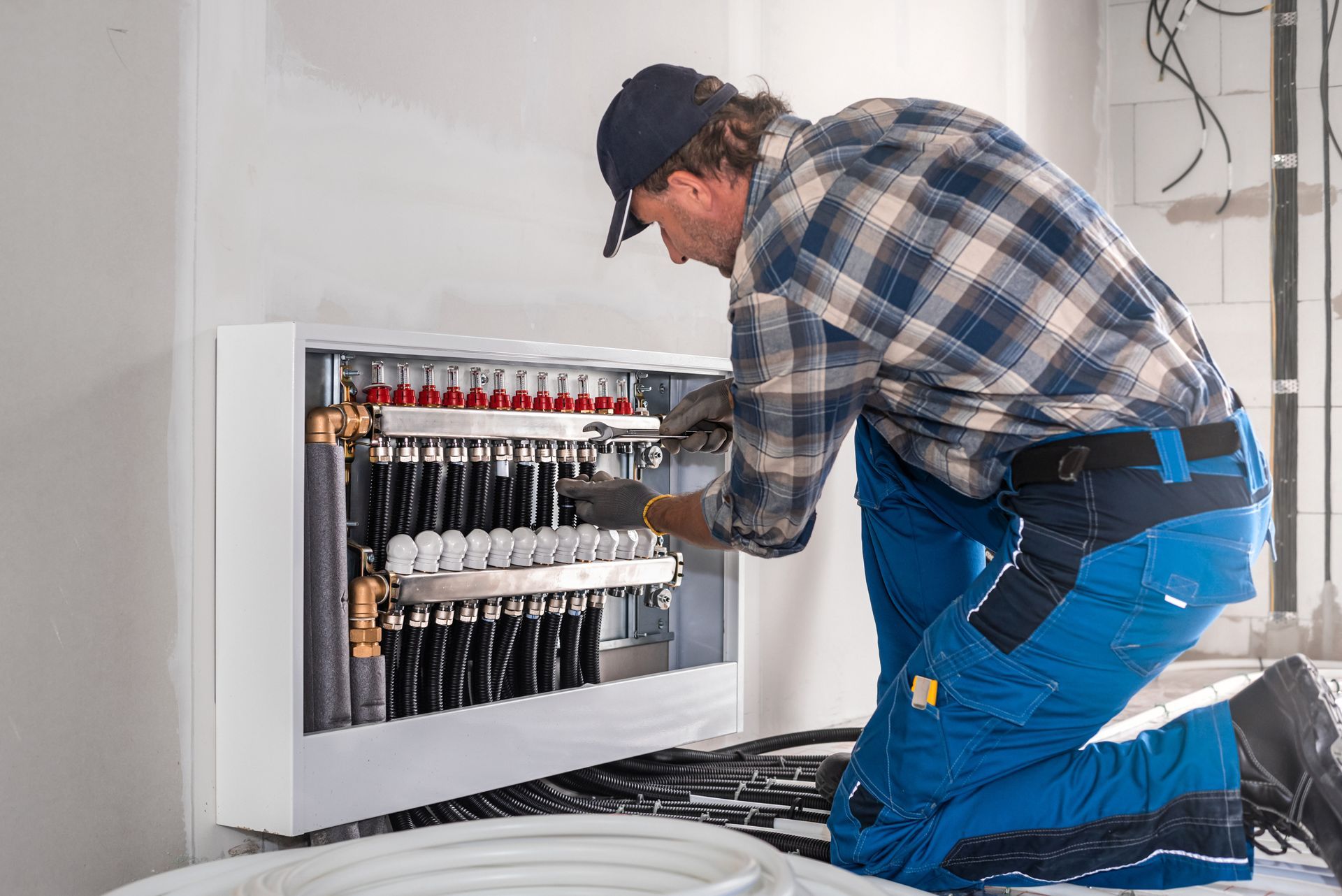 Man installing pipes in a wall-mounted panel. He kneels, wearing blue work pants, a plaid shirt, and a baseball cap.