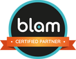 A blam certified partner logo with an orange ribbon