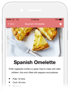 A phone screen shows a recipe for spanish omelette