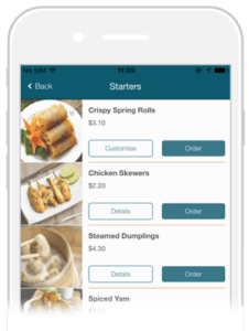 A phone screen shows a list of starters including crispy spring rolls chicken skewers and steamed dumplings